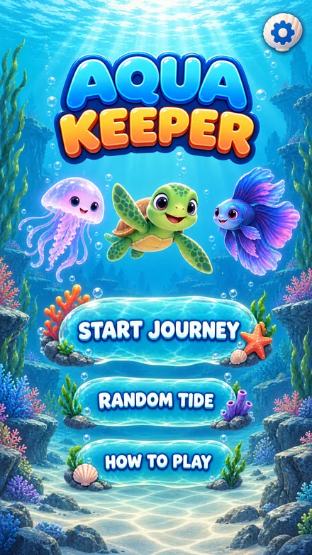 Aqua Keeper main menu with Start Journey, Random Tide and How to Play buttons
